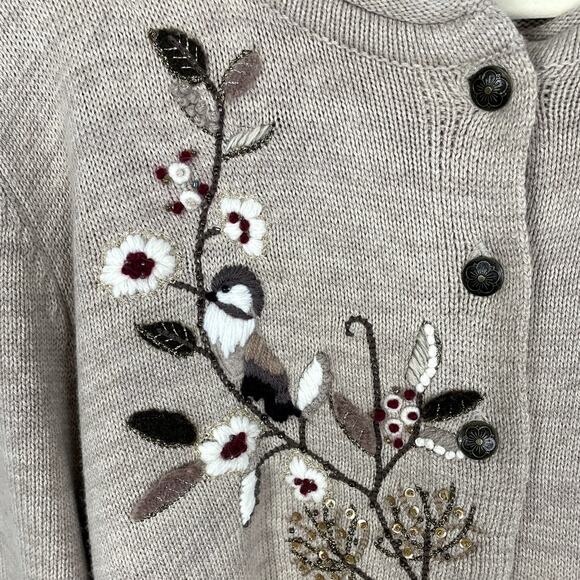 Coldwater Creek Embroidered Button Front Cardigan Sweater Beige Sz Large Holiday - Picture 10 of 14